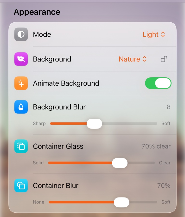 Settings, Appearance section: Mode Light, Background Nature, Animate Background on, Background Blur 8, Container Glass 70% clear, Container Blur 70%.